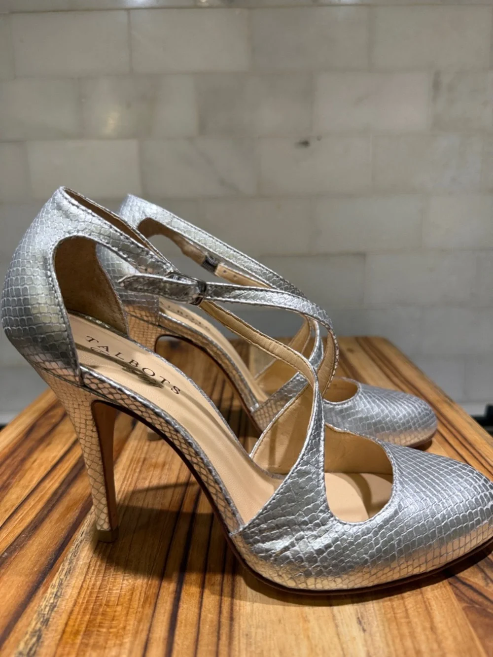 Talbots Silver Textured Cross-Strap High Heels
